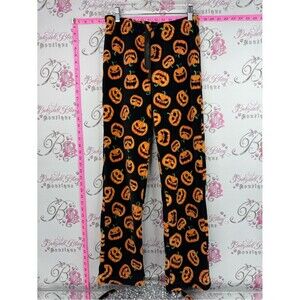 Weekend edition pants soft Black Fleece Pajama Pants with Orange Pumpkin Print